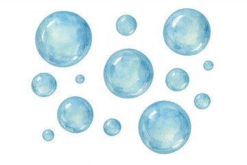 Poster - Delicate watercolor illustration depicting soft blue soap bubbles drifting across translucent surface