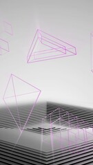 Poster - Animation of 3d geometric shapes over black and grey pyramid of concentric lines on grey background