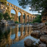 A historic aqueduct bridge spanning a river, with a beautiful reflection in the water. The bridge's architecture is a testament to the past, and its grandeur is captivating