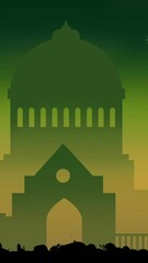 Poster - Animation of black silhouette of tropical landscape over cityscape on green background