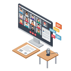 Poster - Isometric illustration of a video conference call on a computer screen with documents and a microphone.
