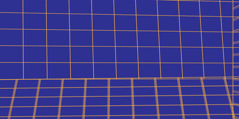Poster - Abstract grid pattern with orange lines on a deep blue background, forming a 3D perspective effect. Futuristic and digital theme ideal for tech, architecture, or modern design projects.