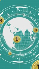 Poster - Animation of bitcoin symbols and globe on green background