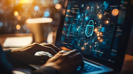 Poster - Hands typing on a laptop displaying digital security graphics in a dimly lit environment