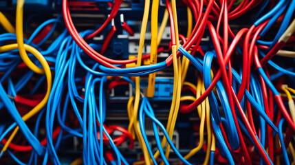 Poster - Colorful network cables connect to switches in a server room during nighttime operations