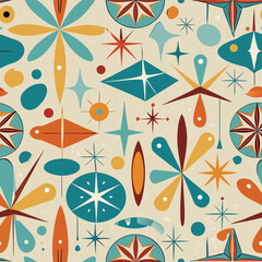 Poster - Vibrant seamless pattern design featuring mid century modern geometric shapes retro elements and a bold color palette perfect for backgrounds and textile applications