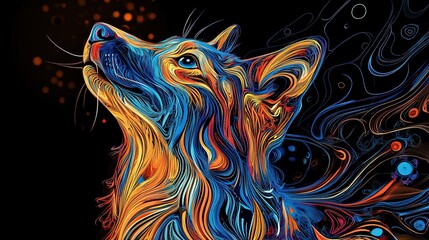 Naklejka na meble Dynamic colorful line art illustration of a howling wolf with vibrant gradient colors, abstract fluid lines, and modern aesthetic perfect for digital art, brand designs, marketing materials