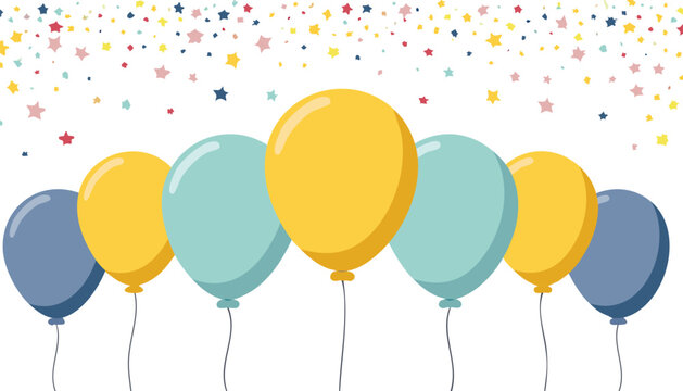 Background with balloons. Background of balloons, confetti and stars for birthday, anniversary and party. A group of flat balloons for celebration. Happy decoration. balloon, anniversary, birthday, 