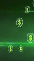 Poster - Animation of dollars in circles over shapes on green background with lights
