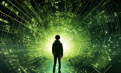 Poster - teenage boy stands in digital binary code tunnel illustrated animation
