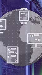 Poster - Animation of communication icons and globe over computer server room