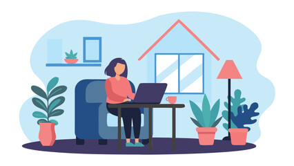 Fototapete - A woman working on a laptop at a desk with plants and a house in the background in a home office setting