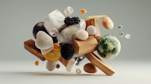 Abstract Floating Still Life with Geometric Shapes, Spheres, Cubes, and Wood