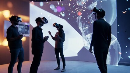 Group of people using virtual reality headsets for collaboration in a futuristic office