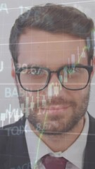 Poster - Animation of graphs, growing numbers, trading board, caucasian man standing against white background