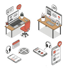 Poster - Isometric view of two desks with technology and communication tools.