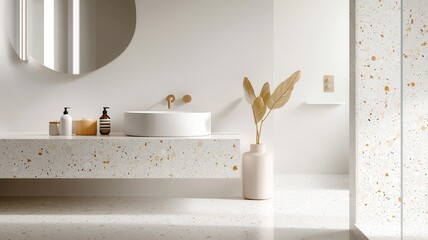 Poster - Minimalist bathroom featuring terrazzo tiles, floating vanity creating vessel sink, with botanical accents green sleek contemporary design