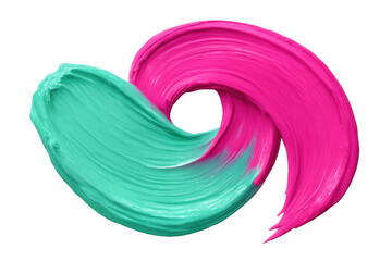 Poster - Pink and turquoise paint brushstrokes spiraling, blending in dynamic swirl against transparent backdrop, showcasing fluid color interaction