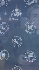 Poster - Animation of connections with technology icons over caucasian woman using laptop