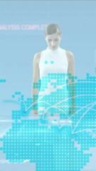 Poster - Animation of financial data processing and caucasian woman over blue background