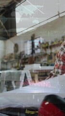 Poster - Animation of world map and data processing over caucasian male carpenter working in workshop