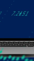Poster - Digital image of woman using laptop with white sound frequency and data tech concept.