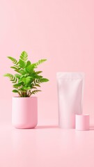 Poster - Minimalist presentation featuring a potted plant and a packaging mockup against a soft pink backdrop