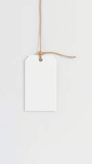 Poster - Blank white label hanging by a simple twine string on a clean light background, ready for text or design insertion