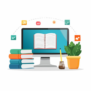 Illustration of a computer screen with books, a plant, and icons on a white background