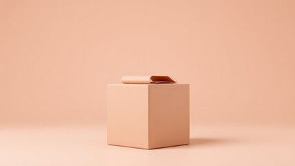 Poster - Minimalist display area featuring a geometric block and a rolled paper element in a soft, monochromatic peach-toned color palette