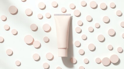 Poster - Elegant display of a squeeze tube product against a background of pale pink circles creates a visually appealing composition
