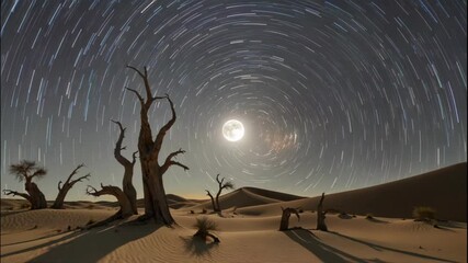 Wall Mural - Star Trails Over a Desert Landscape with Moonlit Dead Trees