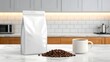 © MdAbulBasar - White coffee bag with roasted beans and a cup of black coffee on a marble counter