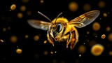 Bright honey bee hovering with a glowing pollen trace on black background, perfect for environmental themes, conservation projects, and striking nature graphics