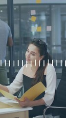 Poster - Animation of data processing over diverse male and female colleagues discussing at office