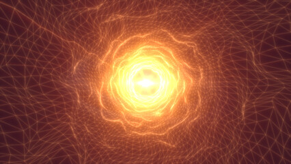 Poster - Intense glowing orange energy tunnel with bright core, abstract mesh grid, and strong digital flare in center