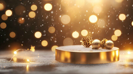 Poster - Elegant christmas display with golden ornaments and warm bokeh lights background