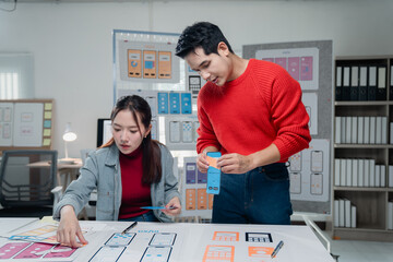 Poster - Two designers working together on a mobile app project, examining wireframes and prototypes. They are focused on user experience and interface design, surrounded by sketches and plans