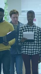 Poster - Animation of 3d structure of lines over diverse coworkers walking and discussing reports in office