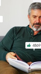 Poster - Animation of multiple social media icons over caucasian senior man reading a book on couch at home