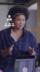 Poster - Animation of networking icons and data processing over diverse business people