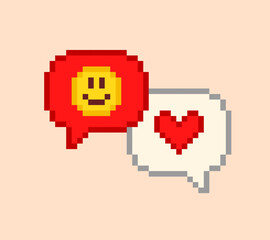 Poster - Pixel Art Social media icos with chat message with emotions in retro 8-bit game style. Vintage sticker in game design in 90's aesthetics. Editable vector graphics perfect for patch, pin, badge design