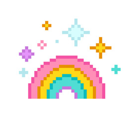 Poster - Pixel Art Rainbow sign in retro 8-bit game style. Vintage sticker in game design in 90's aesthetics. Editable vector graphics perfect for patch, pin, badge design