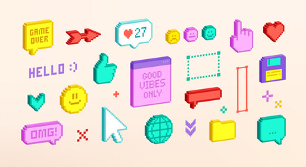 Poster - Colorful 3D pixel social media icons of 90's aesthetics. 3D elements and stickers Pixel game. 8-bit retro game background. Trendy Y2k geometric brutalism UI interface elements. Editable vector