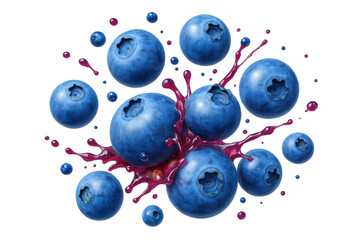 Poster - Ripe blueberries bursting with deep purple juice, splashing dynamically against clean transparent backdrop, showcasing fresh berry vitality