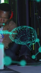Poster - Animation of brains, molecule structures, computer language, african american man using laptop
