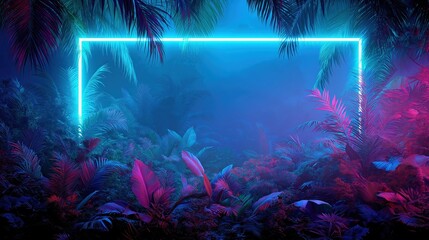 Poster - Neon rectangle shape glowing in a tropical jungle at night in 80s synthwave style