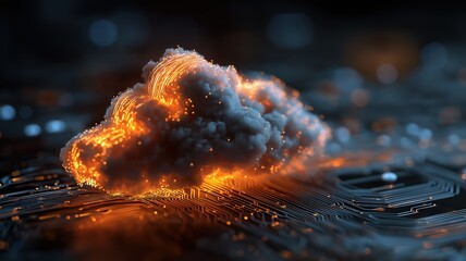 Fototapete - Futuristic glowing cloud icon on digital circuit board background, symbolizing modern cloud computing technology