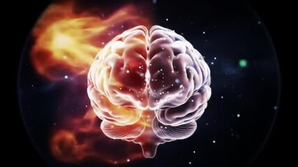 Poster - Abstract Human Brain with Red and Blue Halves Glowing Spheres and a Dark Nebula Background