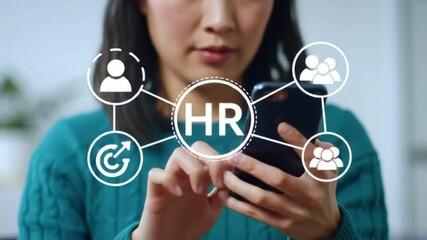 Poster - Close Up of Woman Using Smartphone Displaying Hr Icons in Teal Top with a Blurred Background
